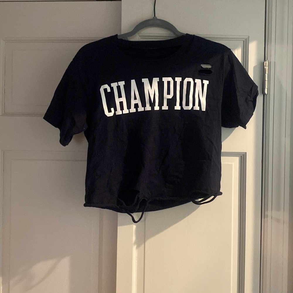 Navy Champion Cropped T-Shirt with Cutouts (Size S)